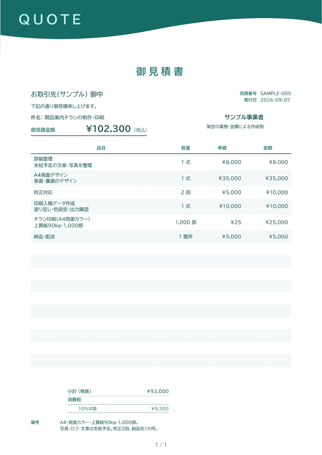 デザイン・印刷の依頼から作成した見積書。6項目、参考合計¥102,300（税込）。
