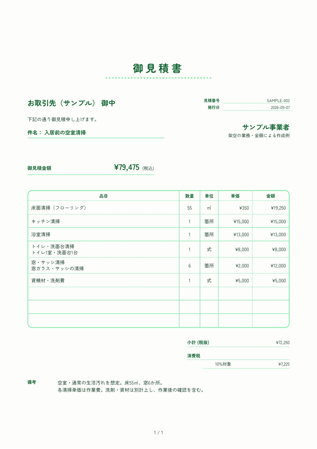 ハウスクリーニングの依頼から作成した見積書。6項目、参考合計¥79,475（税込）。