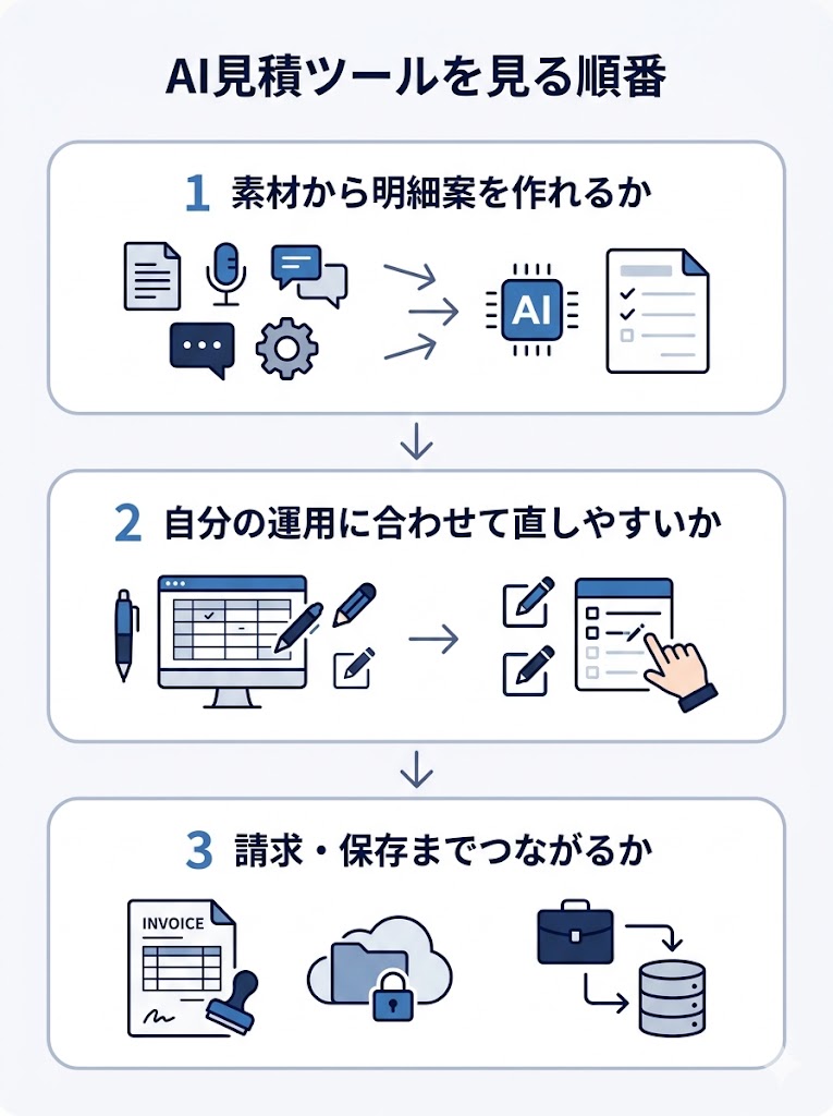 AI見積ツールを見る順番をまとめた3ステップ図