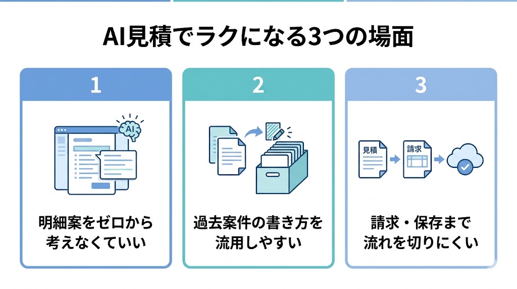 AI見積でラクになる3つの場面をまとめた図版