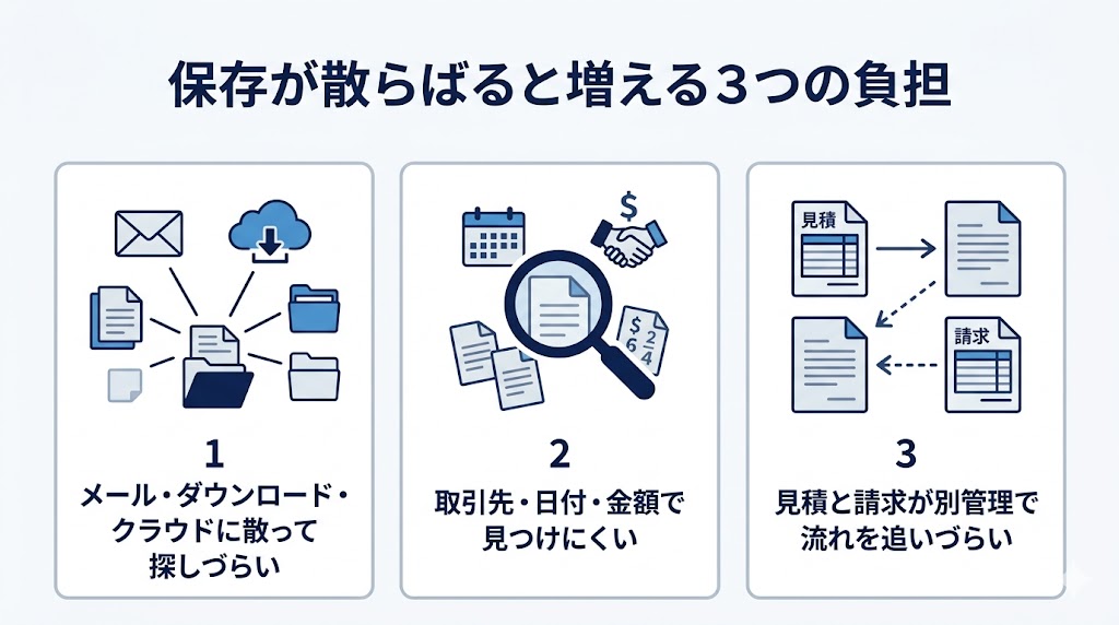 保存が散らばると増える3つの負担を示した図版