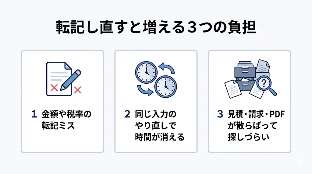 転記し直すと増える3つの負担を示した図版