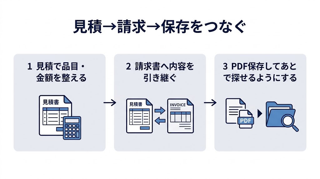 見積から請求書へ引き継いで保存までつなぐ3ステップ図