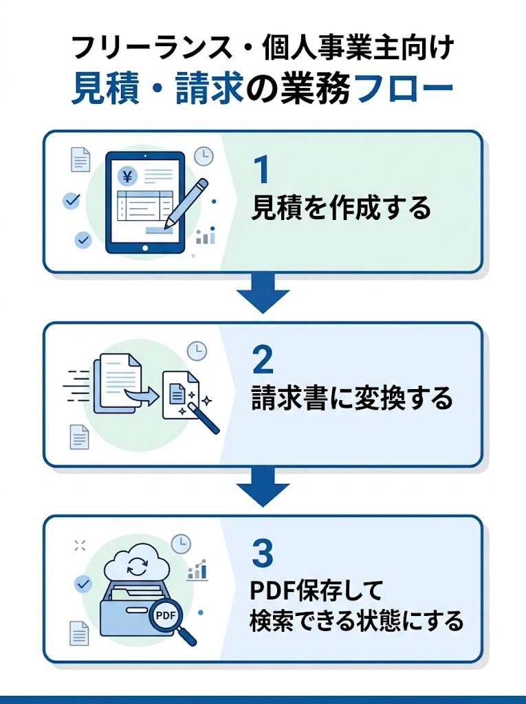 見積作成から請求書化、PDF保存と検索までの3ステップ業務フロー図